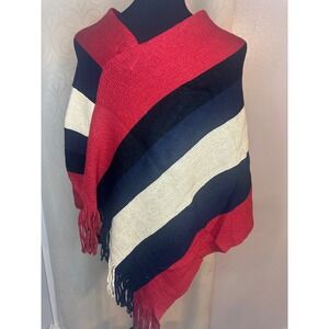 HAYDEN LOS ANGELES Striped Poncho Wrap Red Navy Cream Fringe One Size